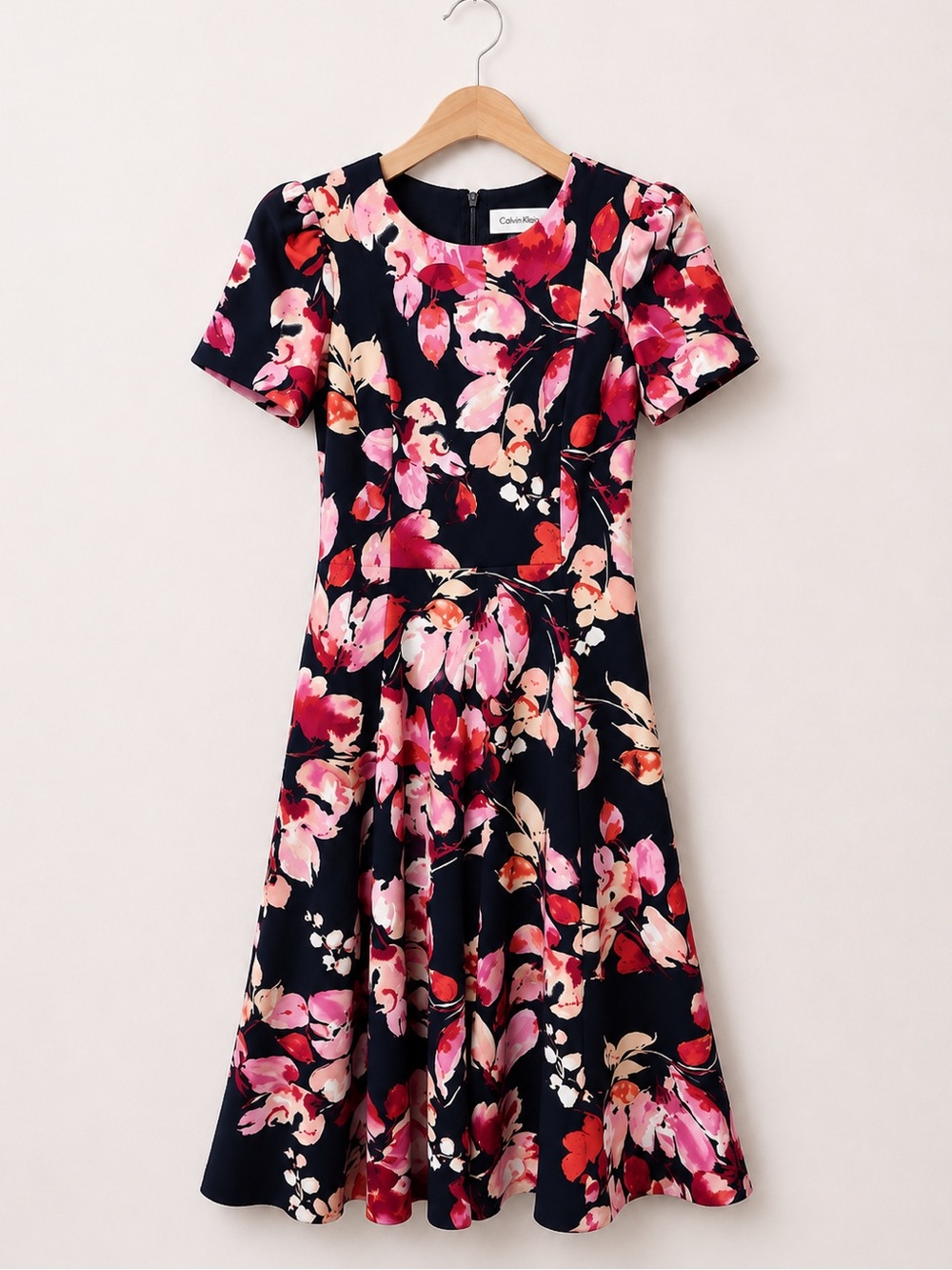 Calvin Klein Navy, Pink, And Red Short Sleeve Floral Blooms A-Line Midi Dress